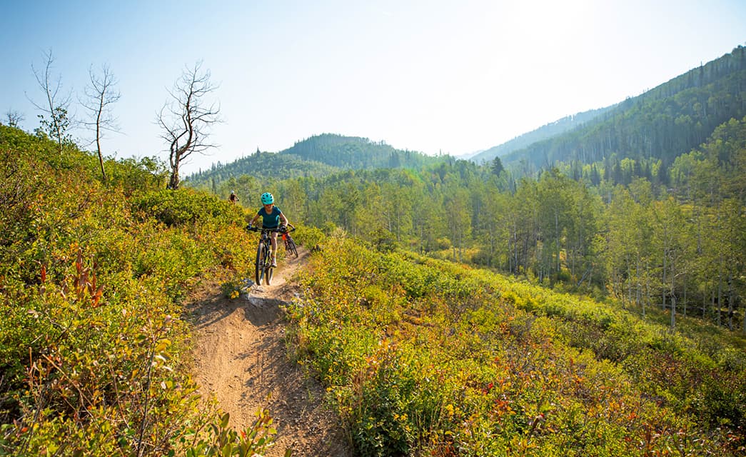 A person mountain-biking near the Stockman, in Steamboat Springs, Colorado